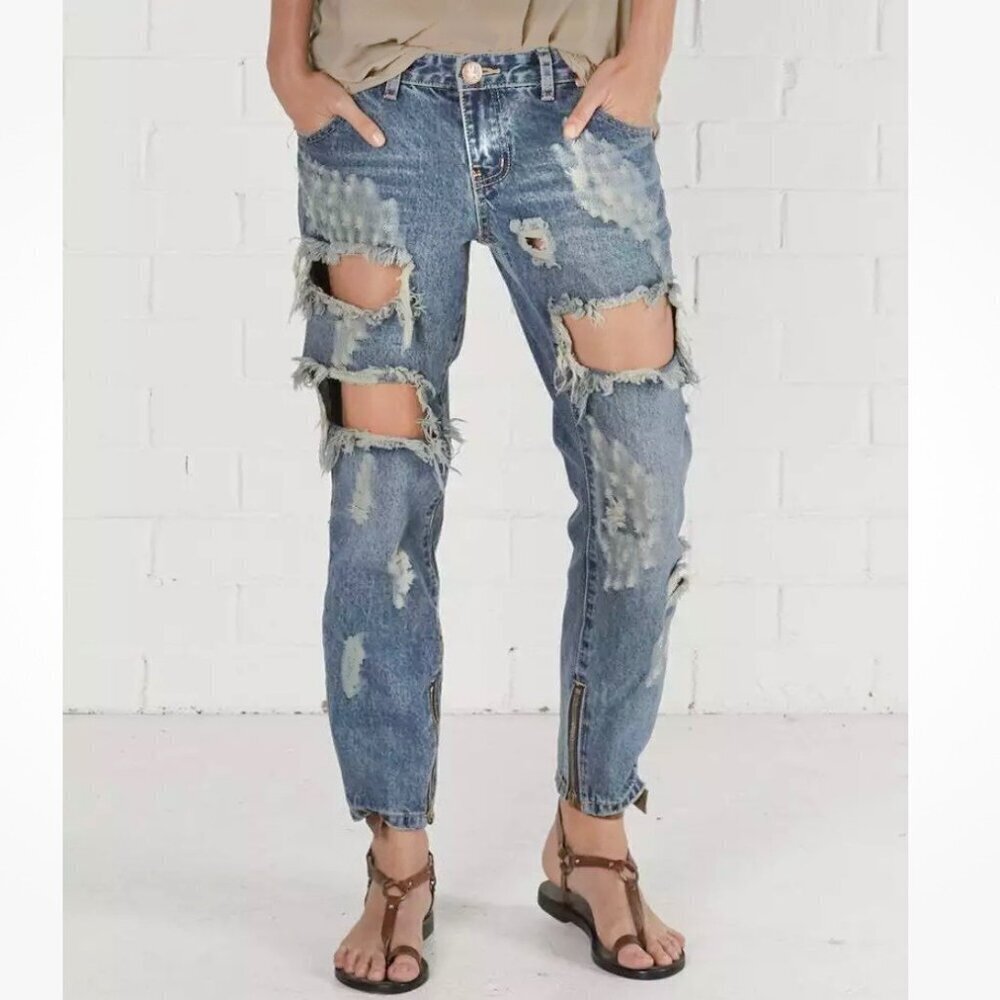 One Teaspoon 25 (3) Trashed Free Birds Women’s Jeans Low Waist Rigid Skinny Leg